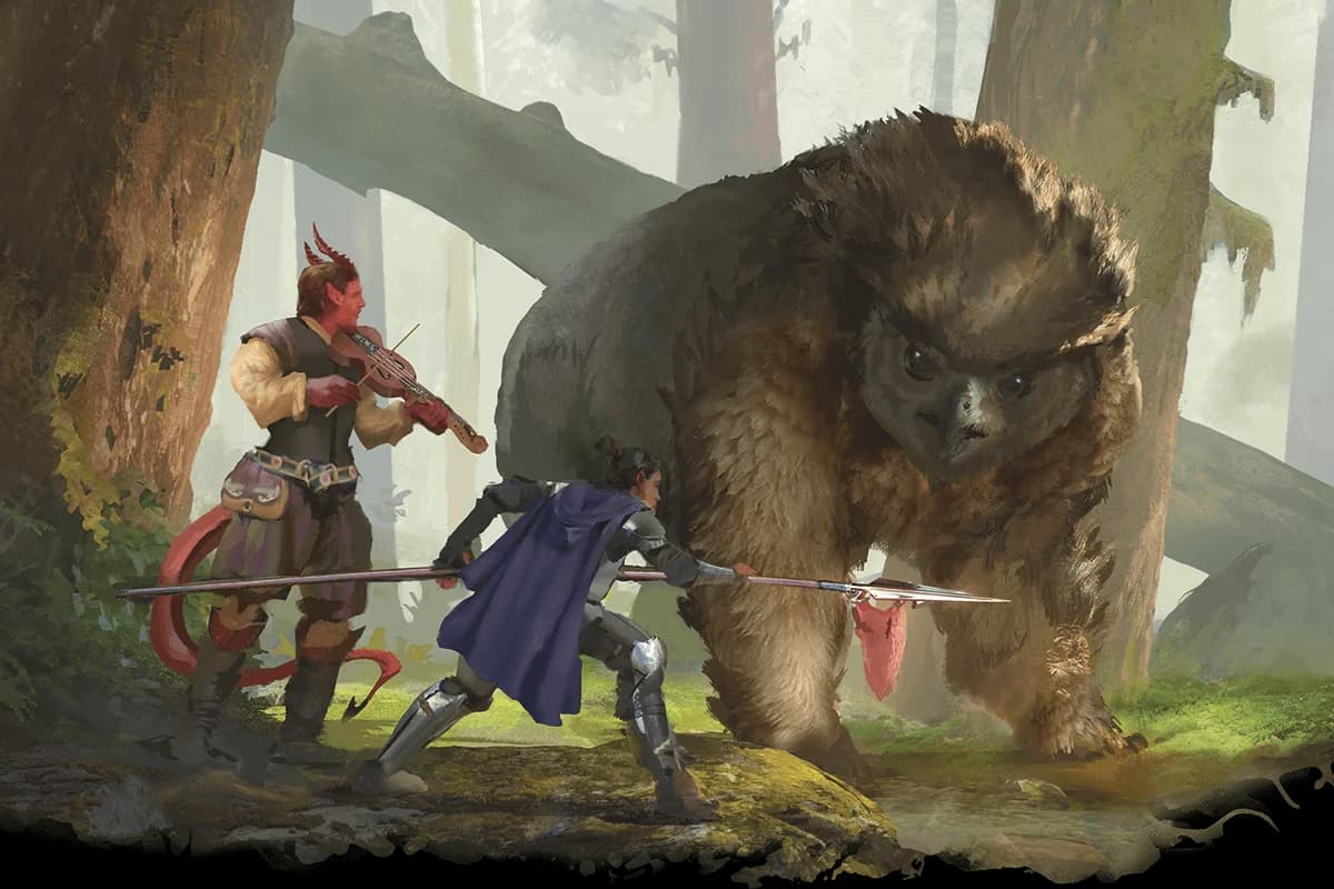 Adventurers offer meat to an owlbear.