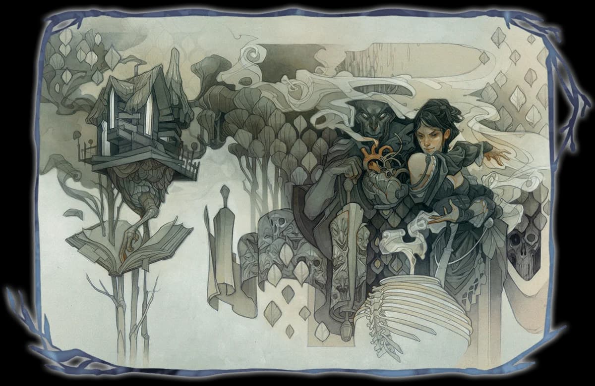 On the Alt-Cover: Artist Wylie Beckert shows Tasha conjuring images of her past and future, wielding an incantation taught by her mother, Baba Yaga, while the abyssal lord Graz'zt looks on.